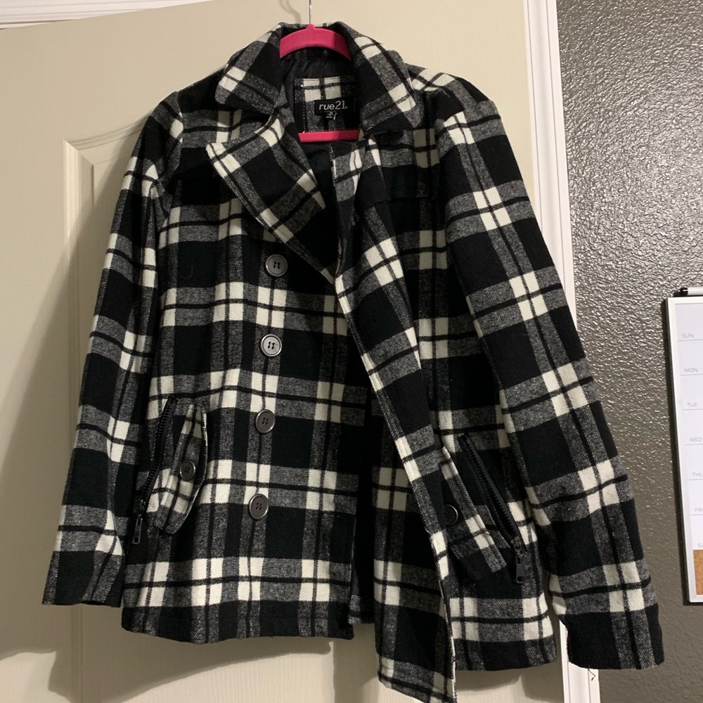 Black and White Plaid Peacoat